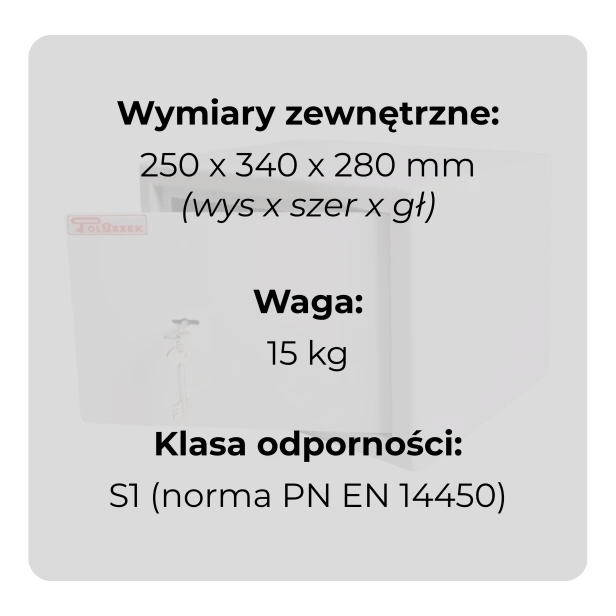 Sejf gabinetowy HIT 1 na broń i dokumenty klasa S1 Polaszek ujęcie uchylonych drzwi specyfikacja.