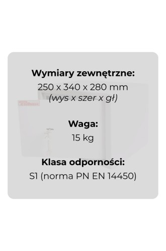 Sejf gabinetowy HIT 1 na broń i dokumenty klasa S1 Polaszek ujęcie uchylonych drzwi z danymi technicznymi.