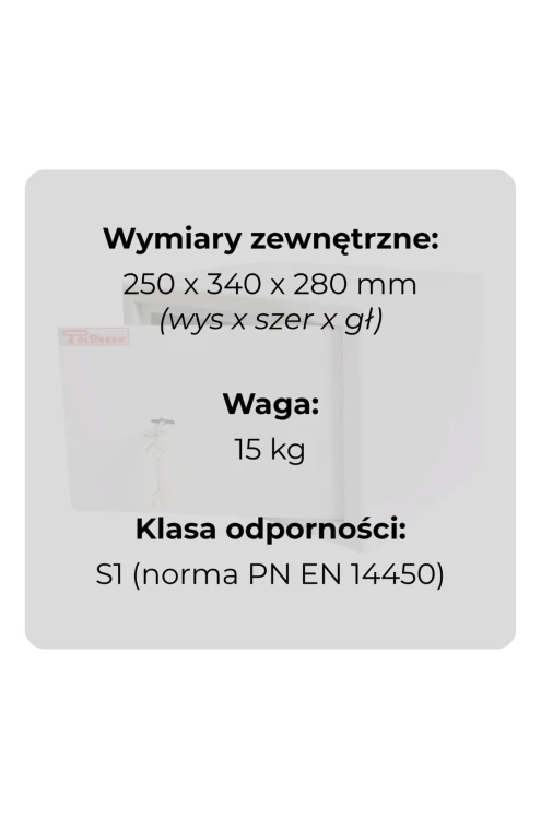 Sejf gabinetowy HIT 1 na broń i dokumenty klasa S1 Polaszek ujęcie uchylonych drzwi z danymi technicznymi.