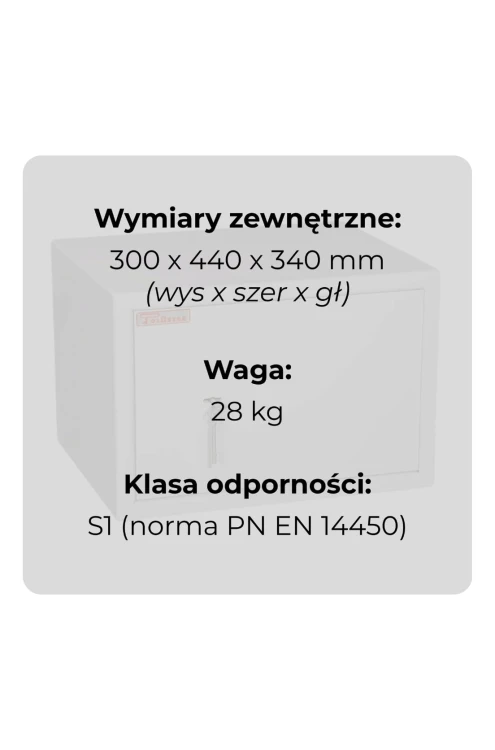 Sejf gabinetowy HIT ARBUZ na broń i dokumenty klasa S1 Polaszek ujęcie zamkniętych drzwi z danymi technicznymi.