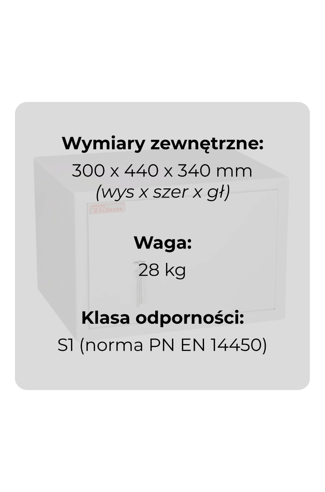 Sejf gabinetowy HIT ARBUZ na broń i dokumenty klasa S1 Polaszek ujęcie zamkniętych drzwi z danymi technicznymi.